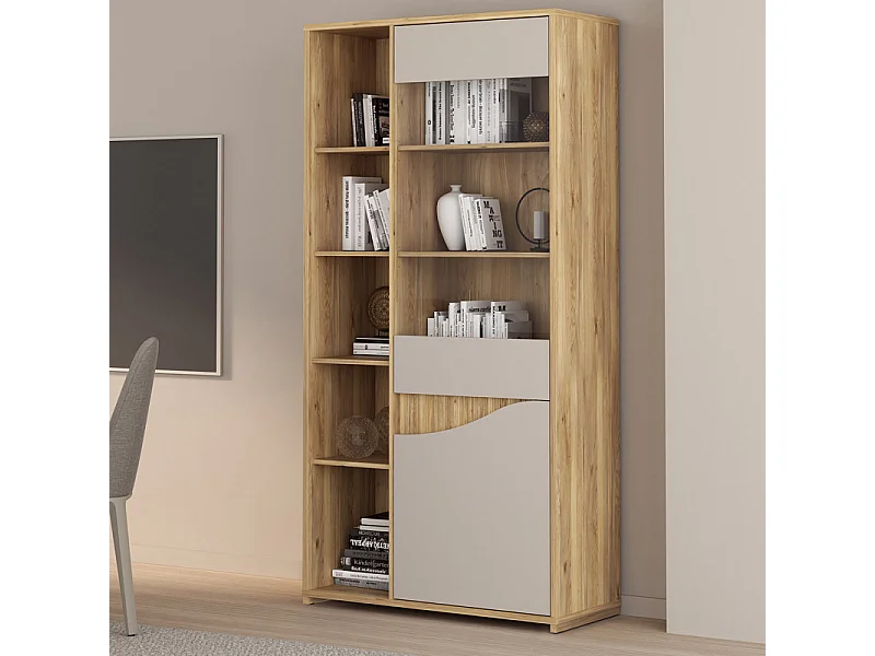 Vaisselier vitré décor tasseaux bois et sable avec vagues - RIVAGE