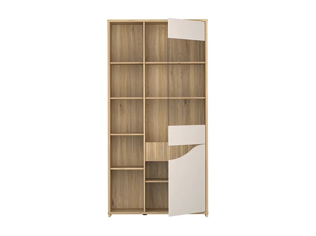 Vaisselier vitré décor tasseaux bois et sable avec vagues - RIVAGE