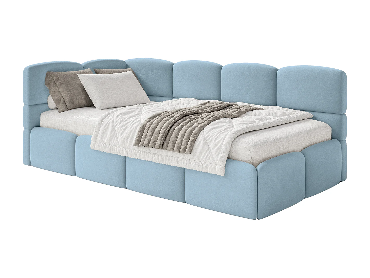 Lit ado 120x200 cm – tête de lit à gauche – matelas & coffre de rangement – velours bleu clair– CLOUDY