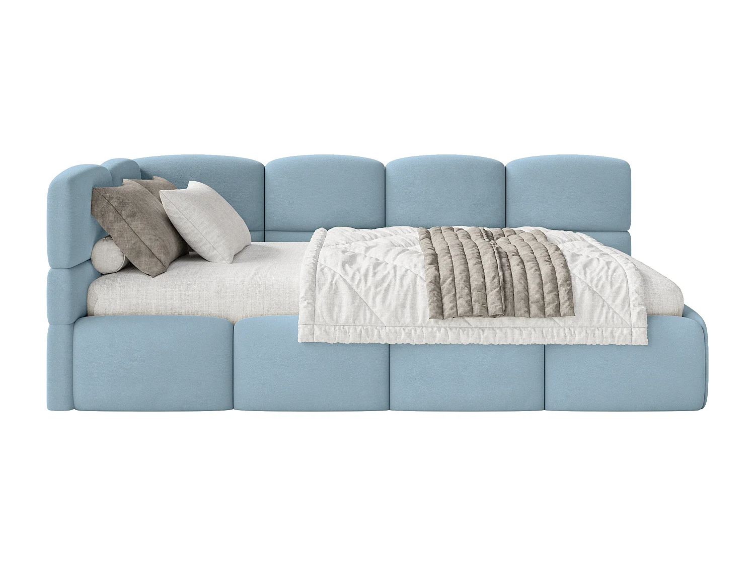 Lit ado 120x200 cm – tête de lit à gauche – matelas & coffre de rangement – velours bleu clair– CLOUDY