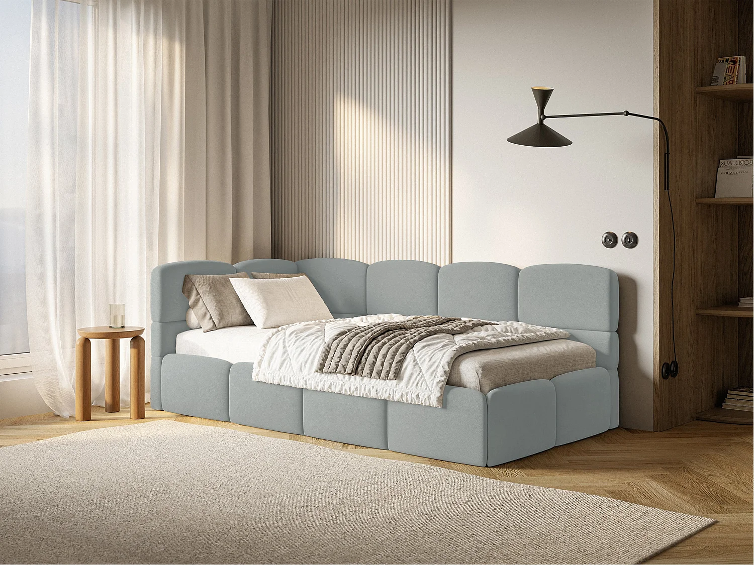 Lit ado 120x200 cm – tête de lit à gauche – matelas & coffre de rangement – velours gris – CLOUDY