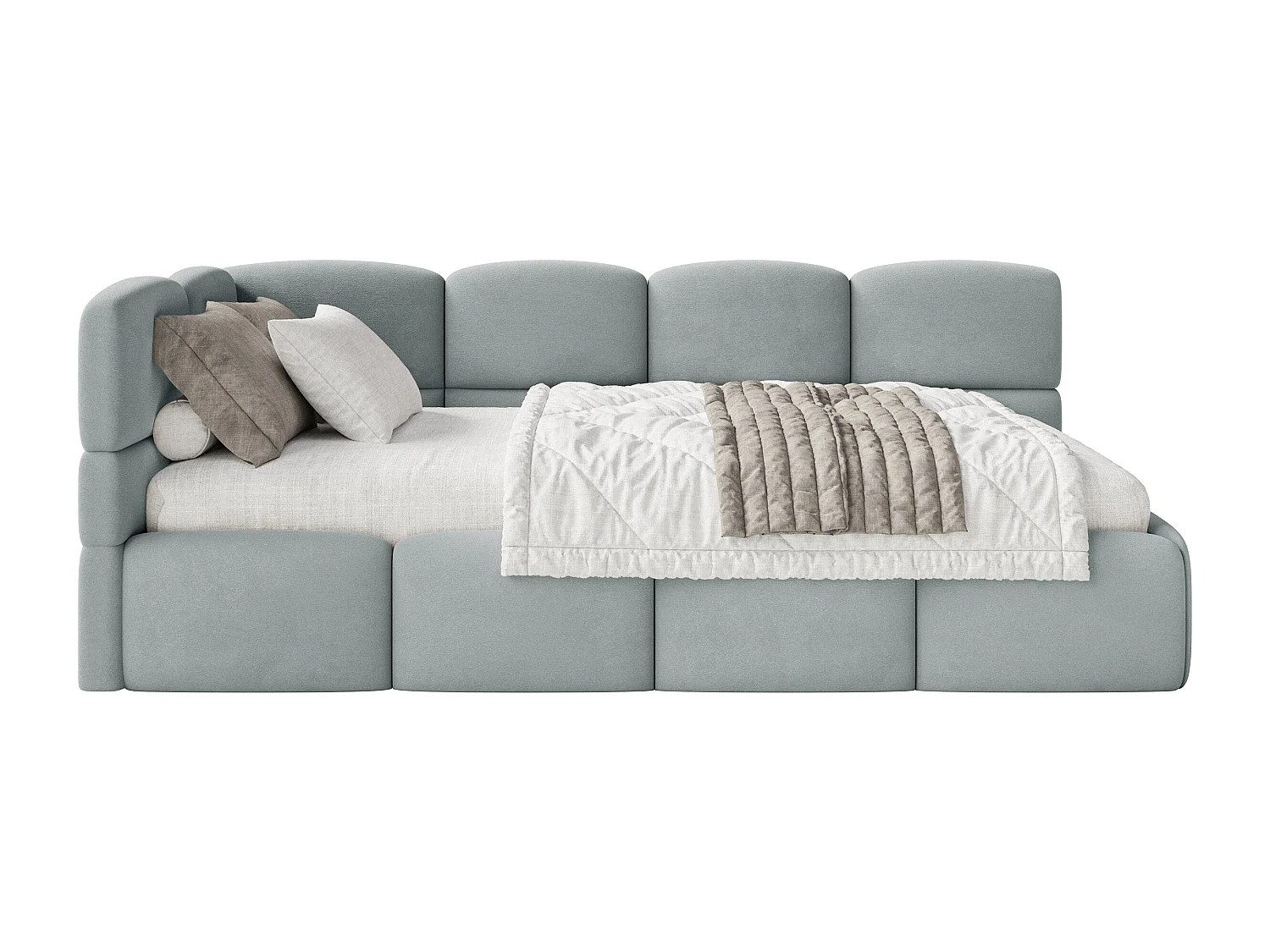 Lit ado 120x200 cm – tête de lit à gauche – matelas & coffre de rangement – velours gris – CLOUDY