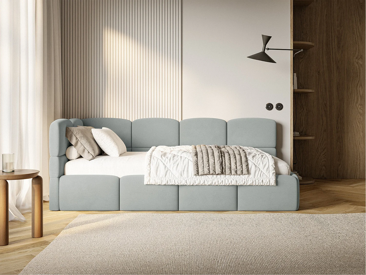 Lit ado 120x200 cm – tête de lit à gauche – matelas & coffre de rangement – velours gris – CLOUDY