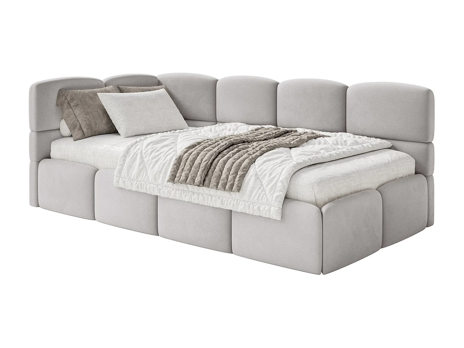 Lit ado 120x200 cm – tête de lit à gauche – matelas & coffre de rangement – velours gris clair – CLOUDY