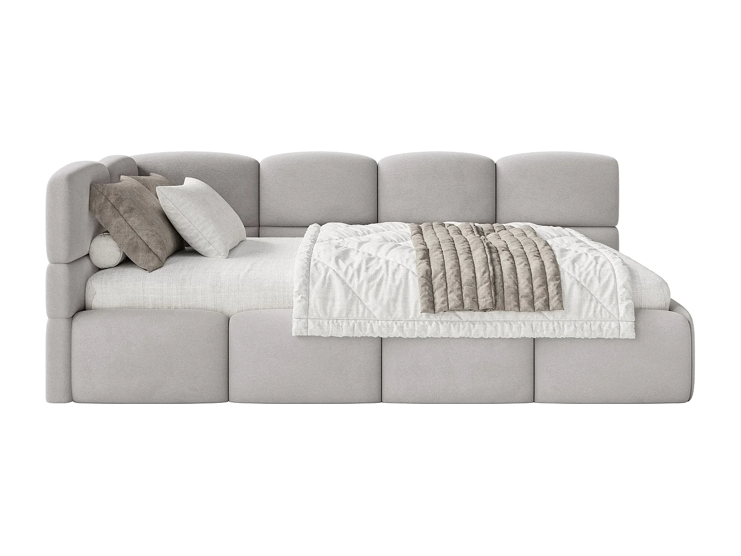 Lit ado 120x200 cm – tête de lit à gauche – matelas & coffre de rangement – velours gris clair – CLOUDY