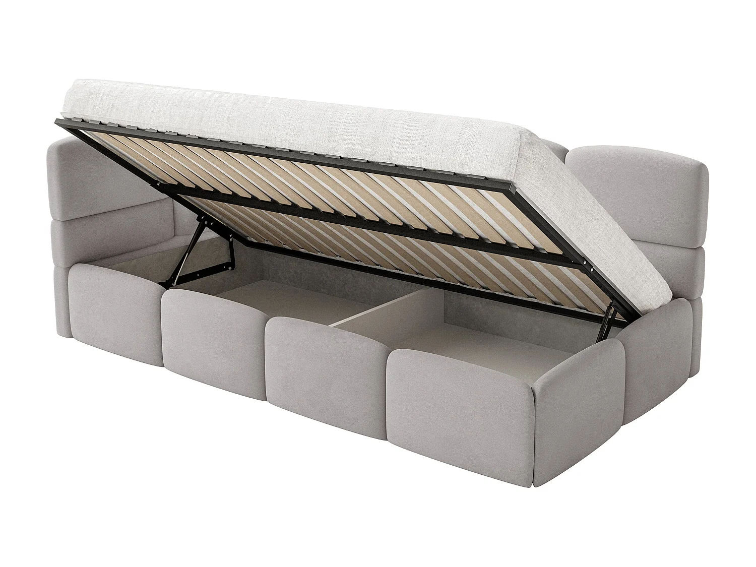 Lit ado 120x200 cm – tête de lit à gauche – matelas & coffre de rangement – velours gris clair – CLOUDY