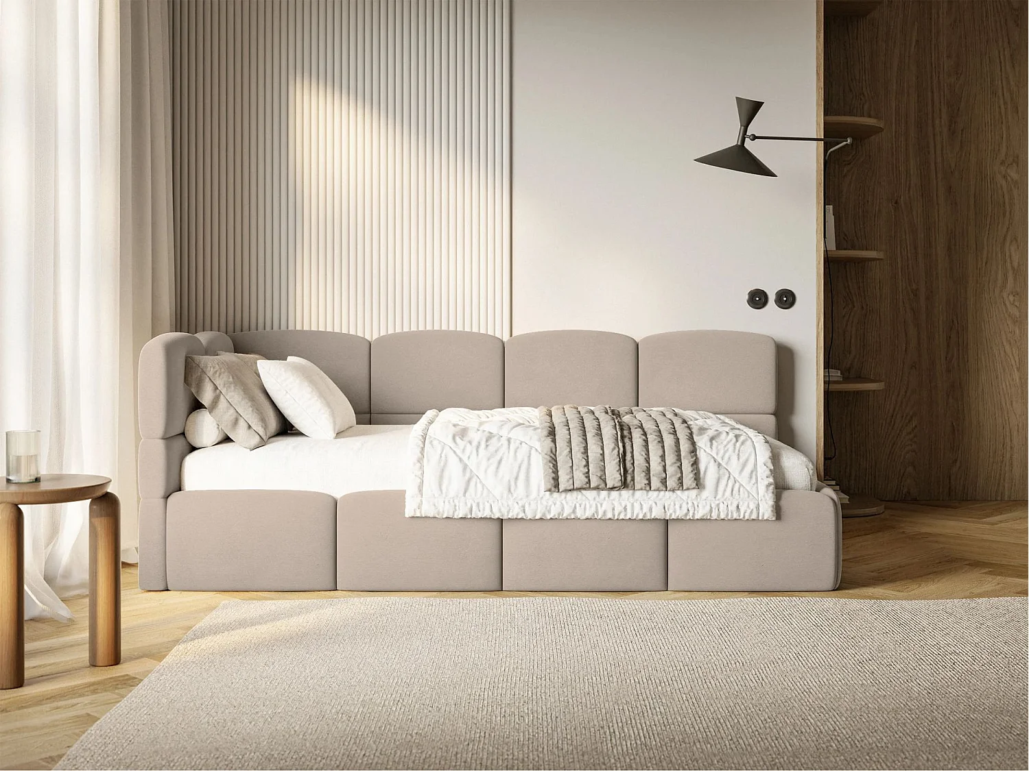 Lit ado 120x200 cm – tête de lit à gauche – matelas & coffre de rangement – velours beige – CLOUDY