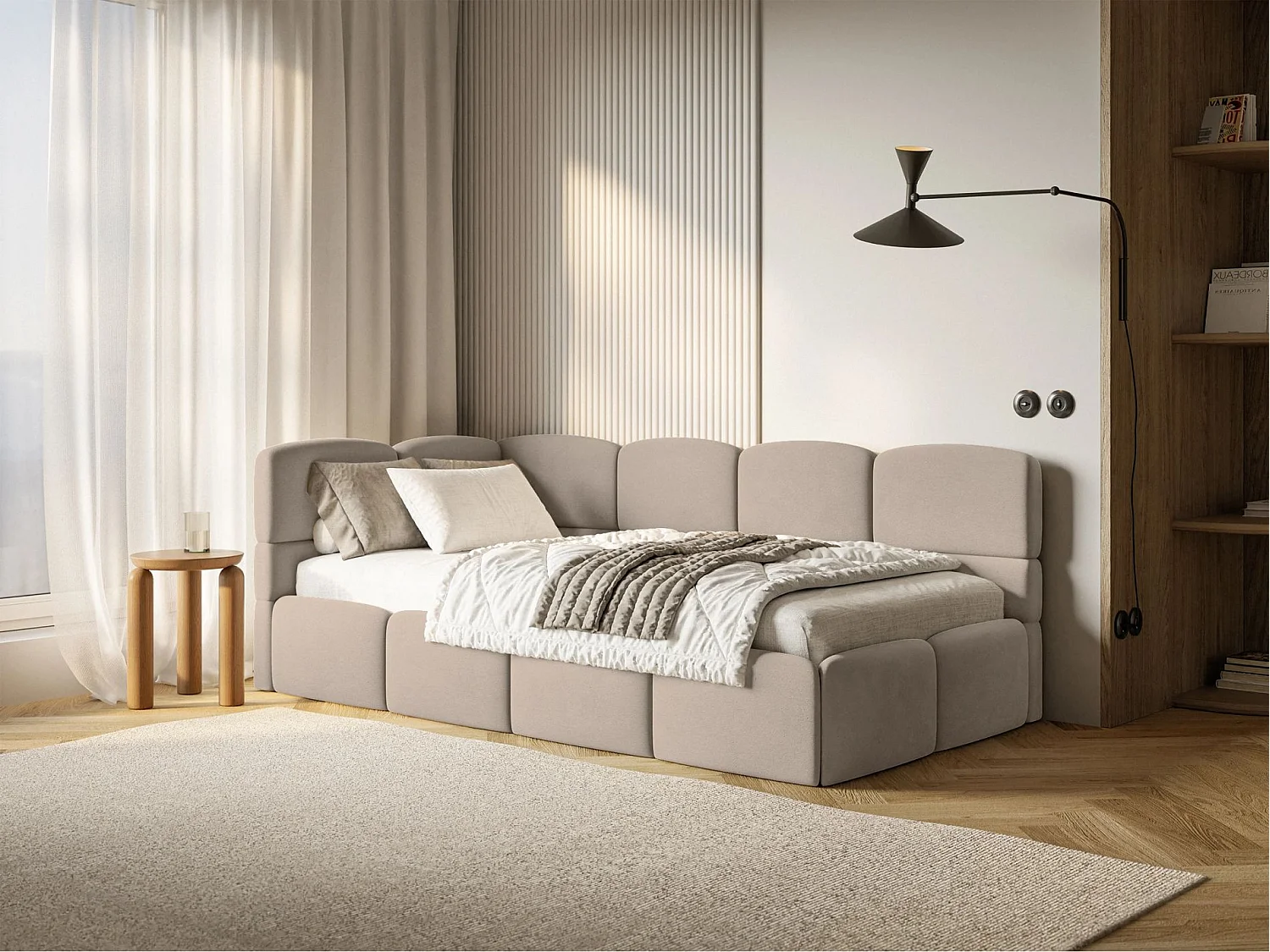 Lit ado 120x200 cm – tête de lit à gauche – matelas & coffre de rangement – velours beige – CLOUDY