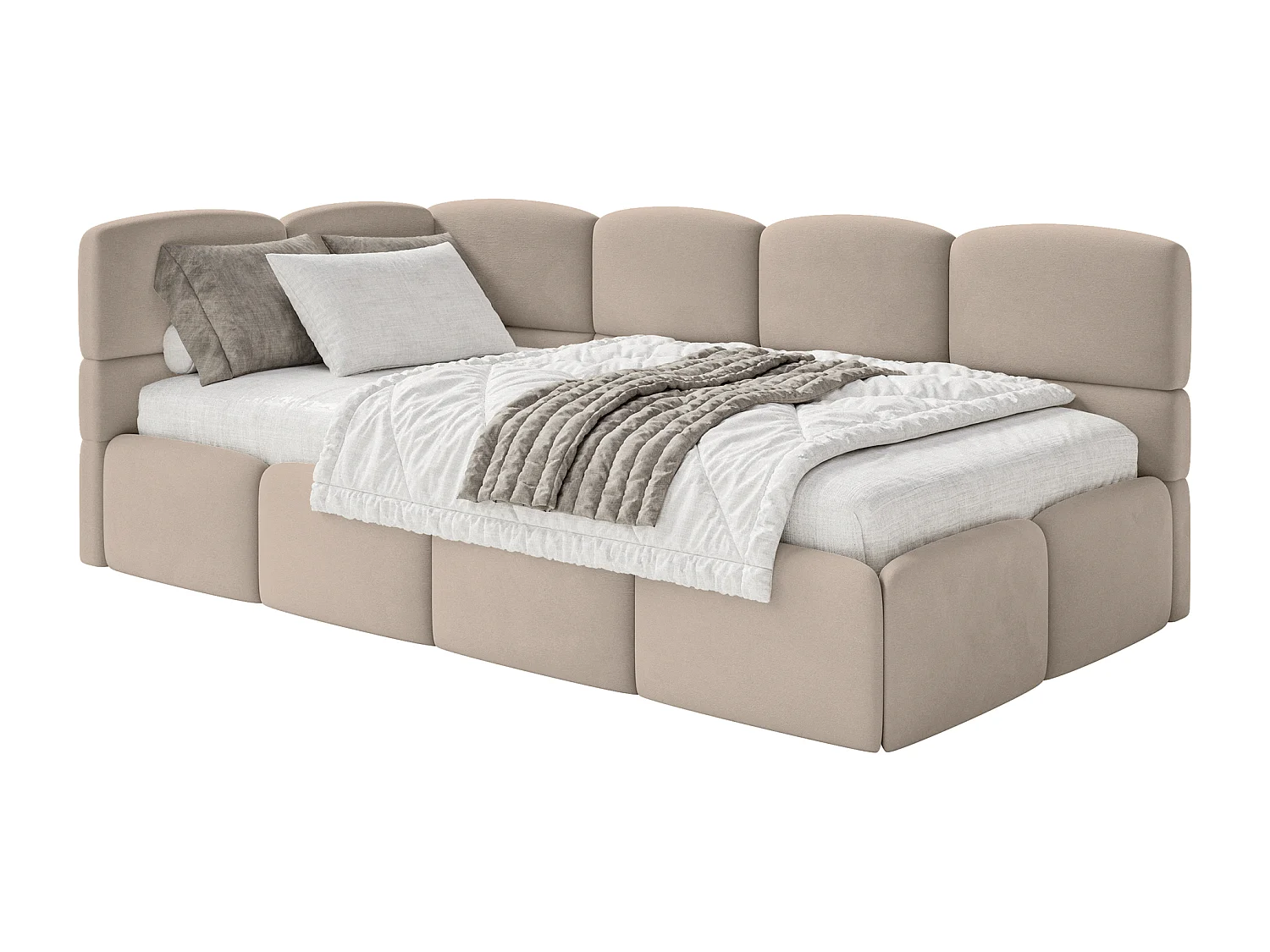 Lit ado 120x200 cm – tête de lit à gauche – matelas & coffre de rangement – velours beige – CLOUDY