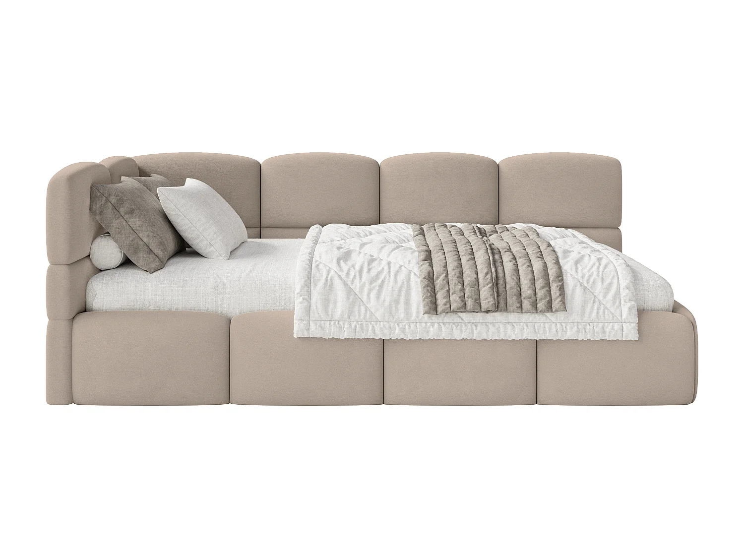 Lit ado 120x200 cm – tête de lit à gauche – matelas & coffre de rangement – velours beige – CLOUDY