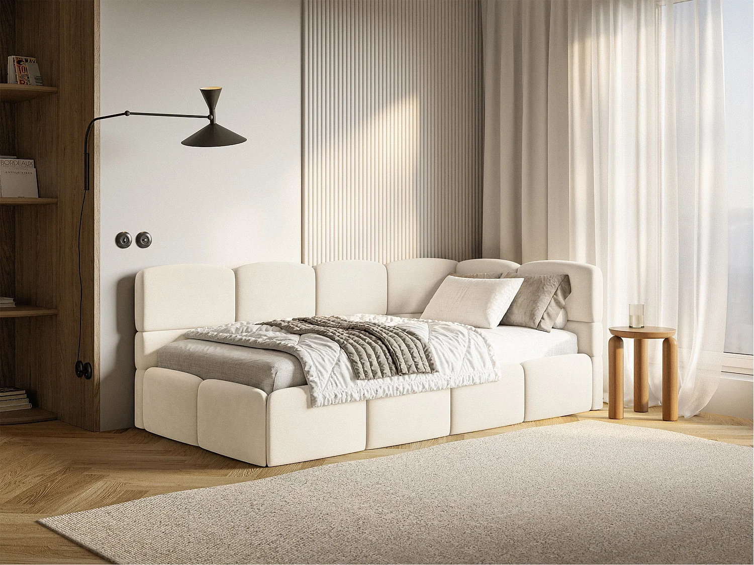 Lit ado 120x200 cm – tête de lit à droite – matelas & coffre de rangement – velours crème – CLOUDY
