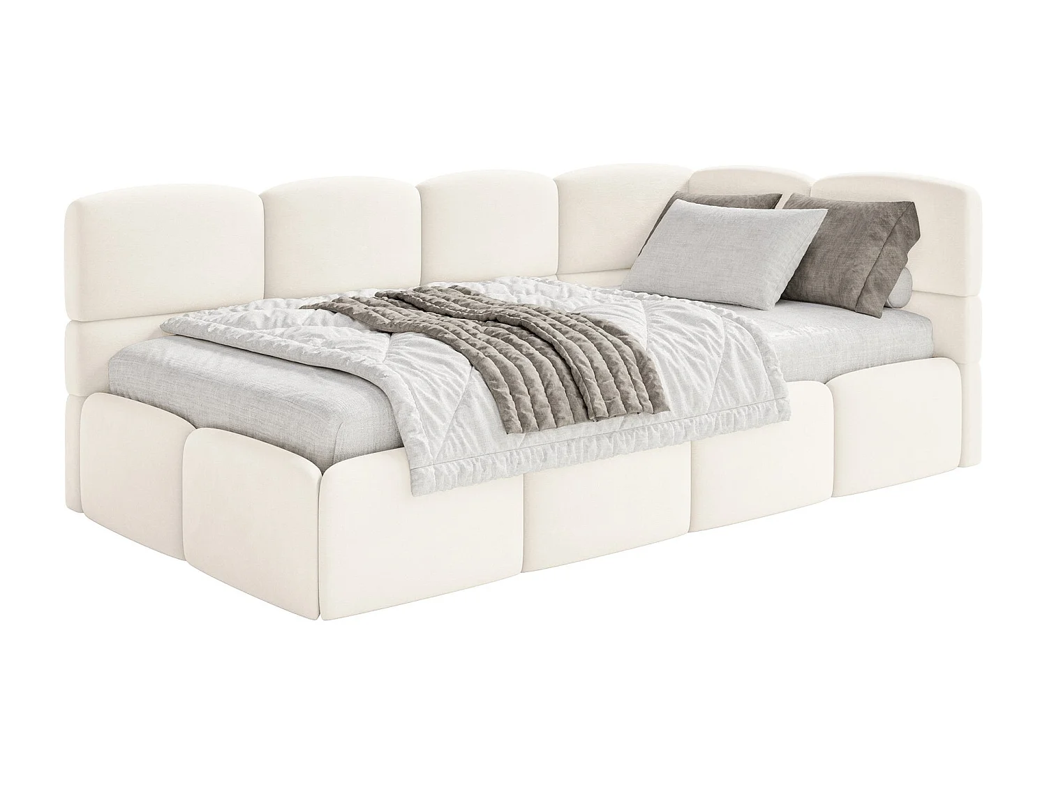 Lit ado 120x200 cm – tête de lit à droite – matelas & coffre de rangement – velours crème – CLOUDY