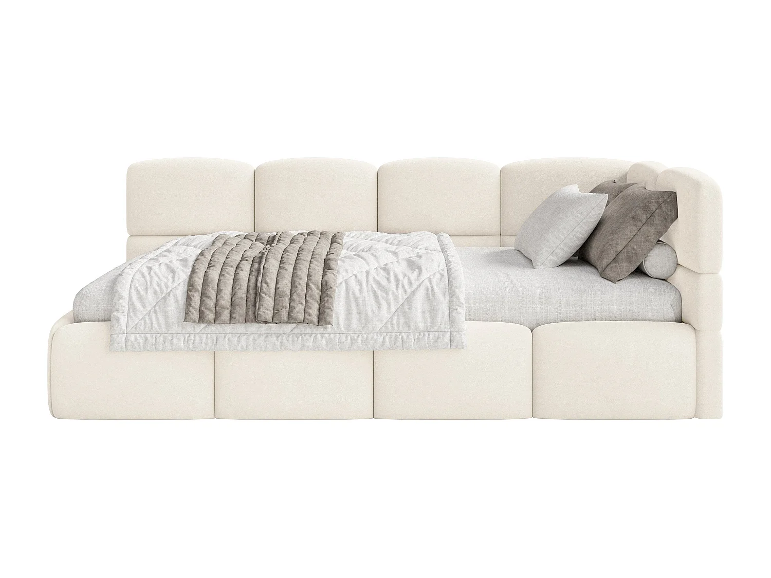 Lit ado 120x200 cm – tête de lit à droite – matelas & coffre de rangement – velours crème – CLOUDY