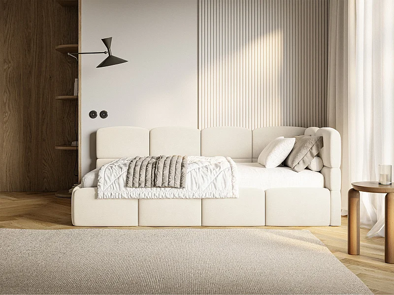 Lit ado 120x200 cm – tête de lit à droite – matelas & coffre de rangement – velours crème – CLOUDY