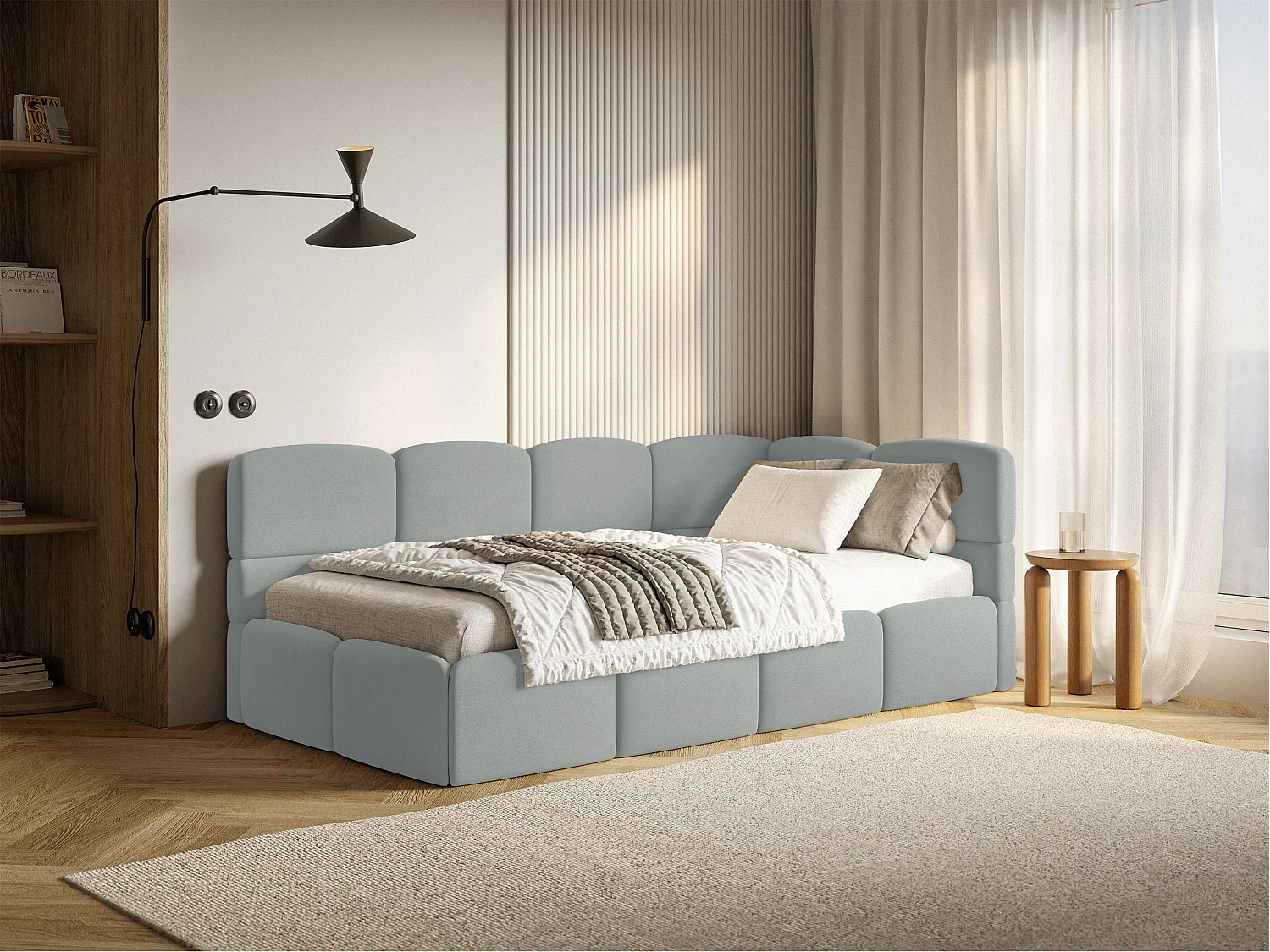 Lit ado 120x200 cm – tête de lit à droite – matelas & coffre de rangement – velours gris – CLOUDY