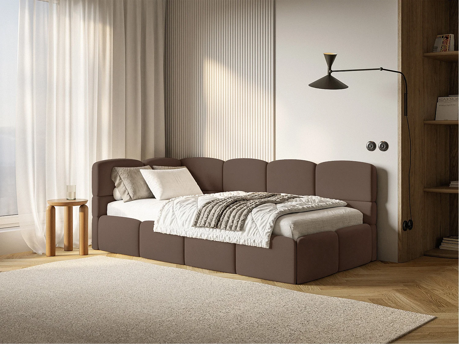 Lit ado 120x200 cm – tête de lit à gauche – matelas & coffre de rangement – velours marron – CLOUDY