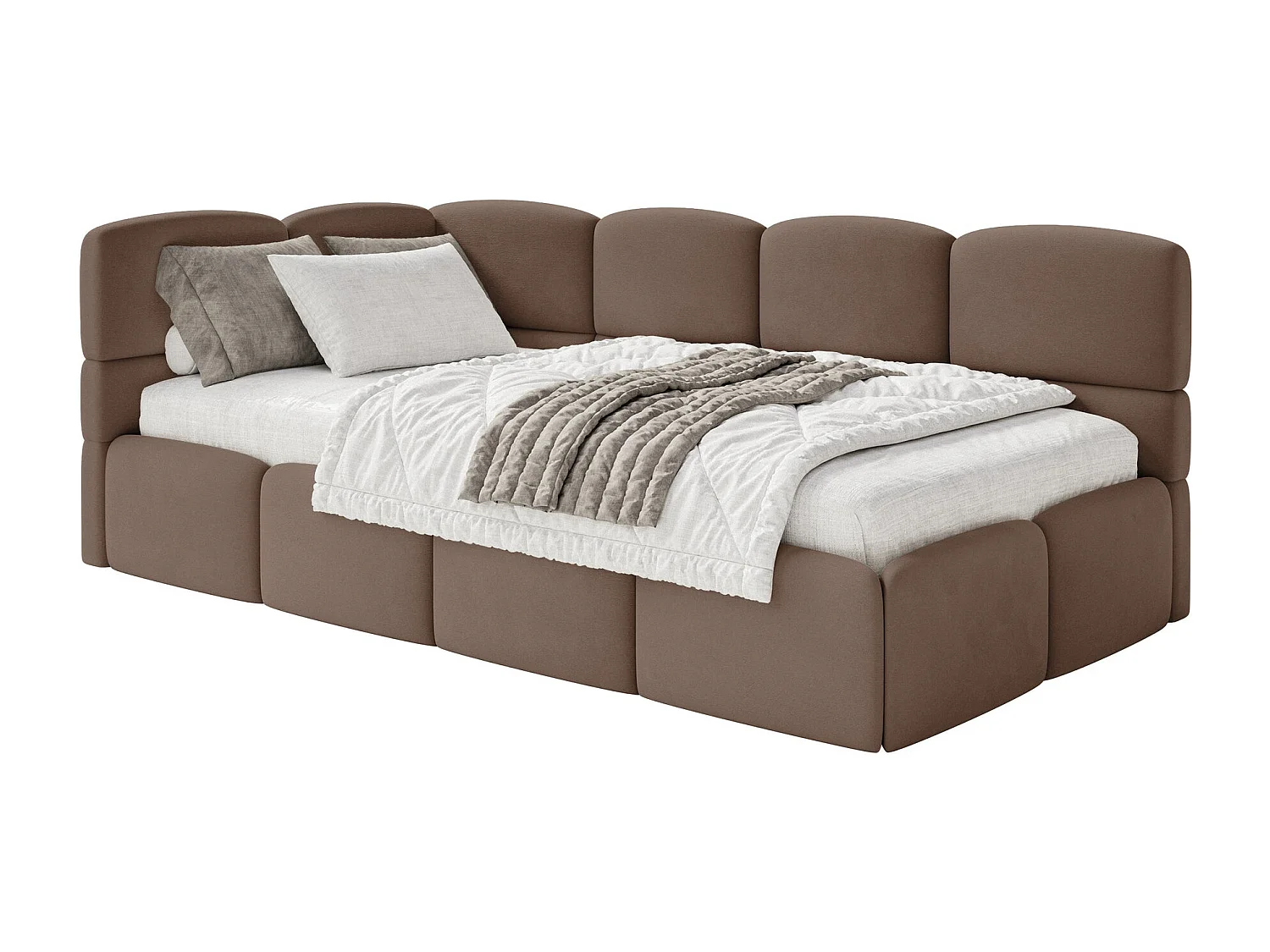 Lit ado 120x200 cm – tête de lit à gauche – matelas & coffre de rangement – velours marron – CLOUDY
