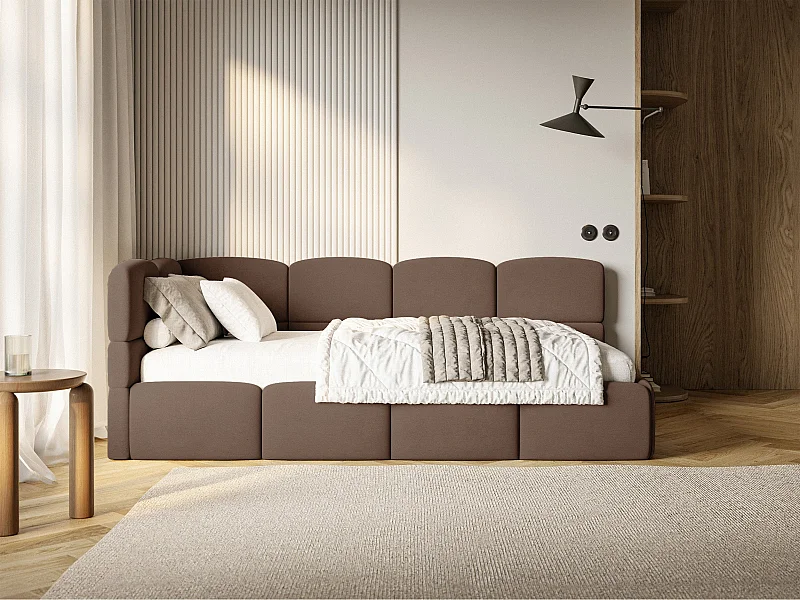 Lit ado 120x200 cm – tête de lit à gauche – matelas & coffre de rangement – velours marron – CLOUDY