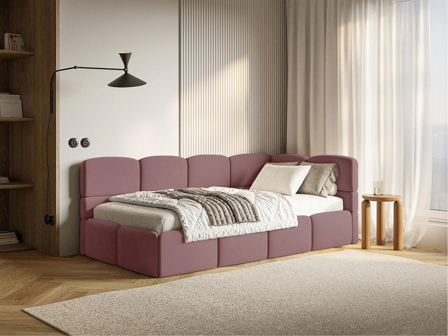 Lit ado 120x200 cm – tête de lit à droite – matelas & coffre de rangement – velours rose – CLOUDY