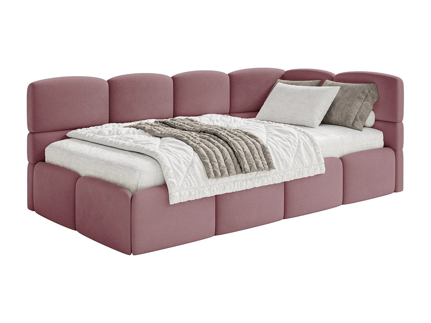 Lit ado 120x200 cm – tête de lit à droite – matelas & coffre de rangement – velours rose – CLOUDY