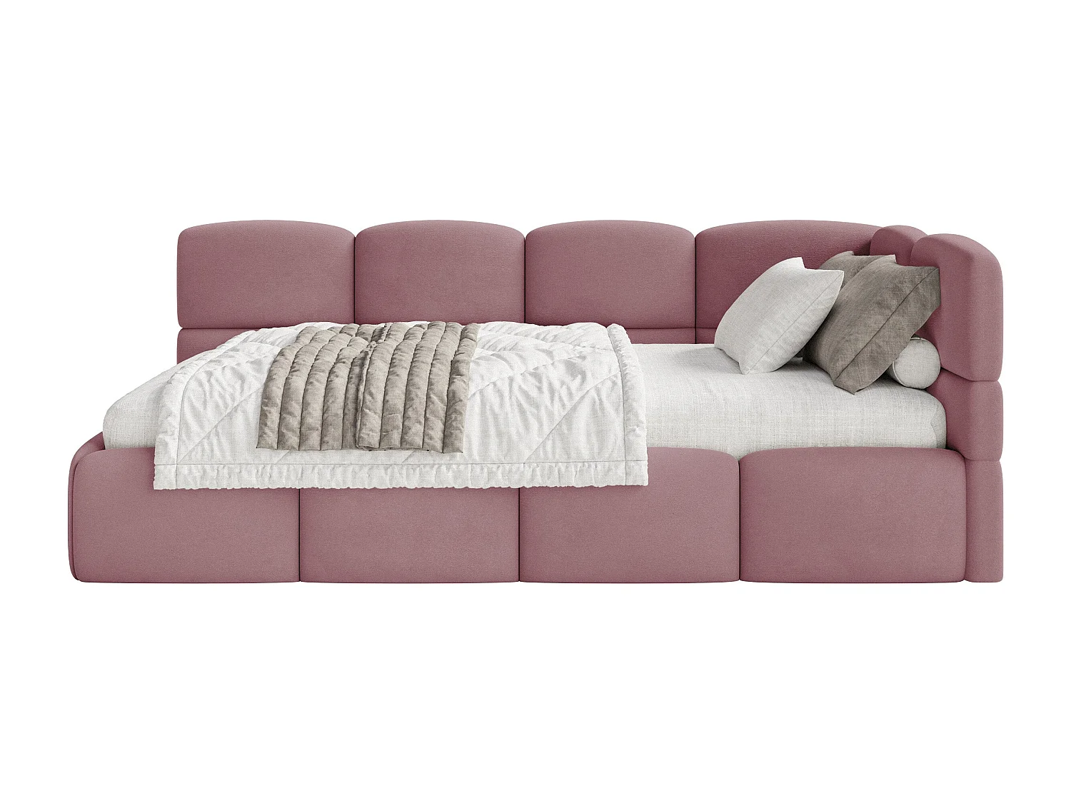Lit ado 120x200 cm – tête de lit à droite – matelas & coffre de rangement – velours rose – CLOUDY