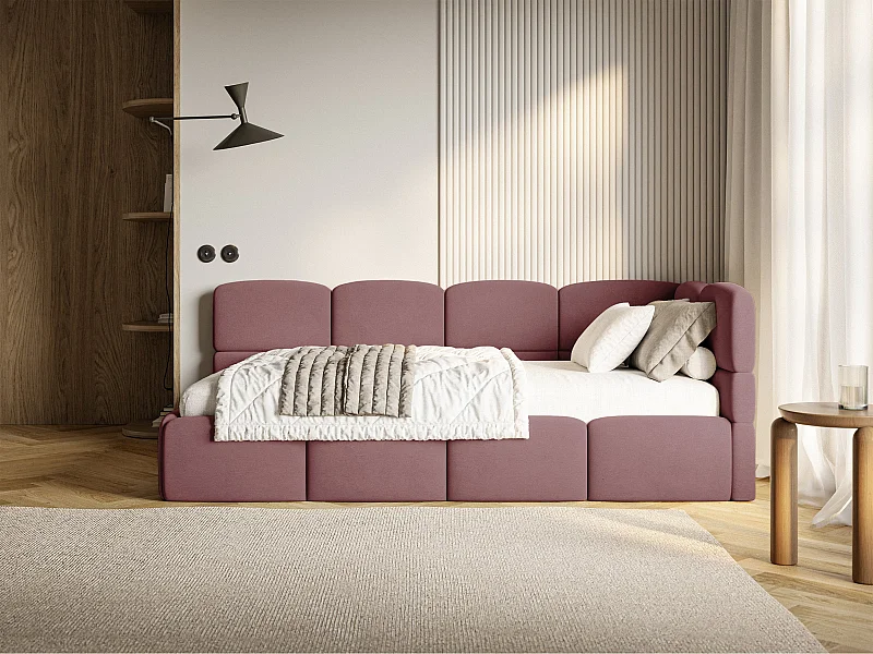 Lit ado 120x200 cm – tête de lit à droite – matelas & coffre de rangement – velours rose – CLOUDY