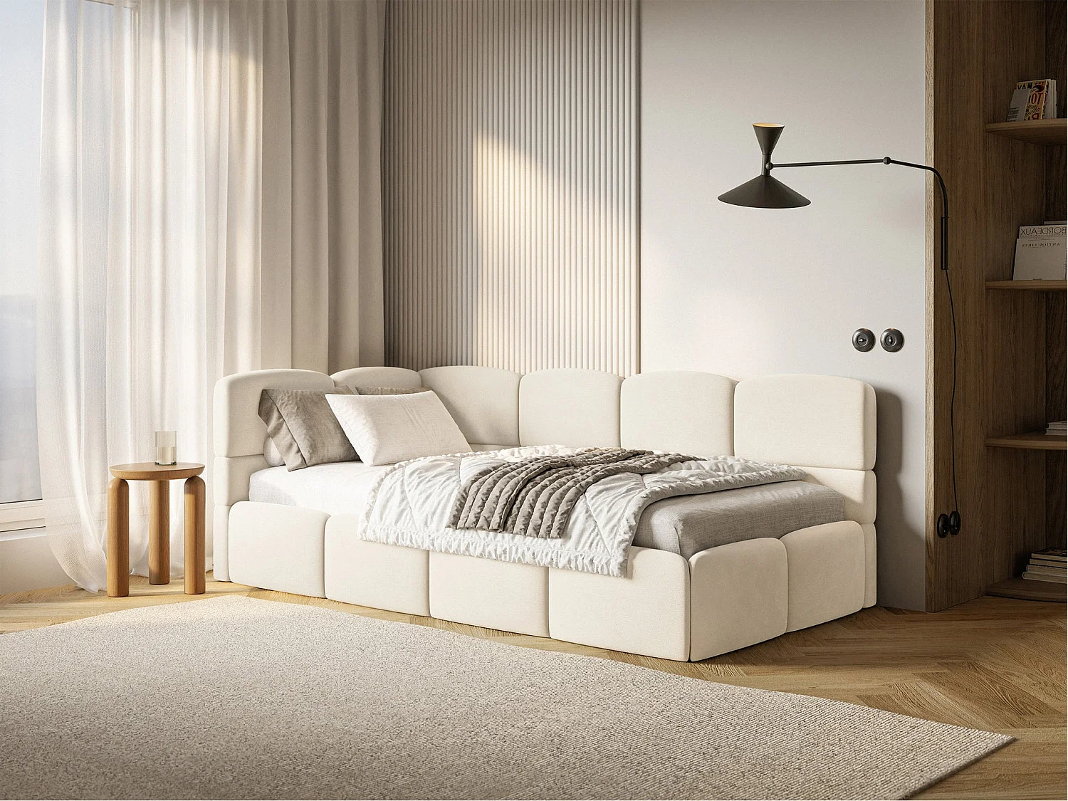 Lit ado 120x200 cm – tête de lit à gauche – matelas & coffre de rangement – velours crème – CLOUDY