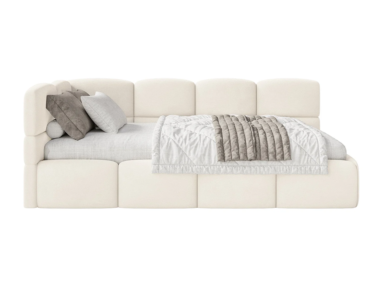 Lit ado 120x200 cm – tête de lit à gauche – matelas & coffre de rangement – velours crème – CLOUDY