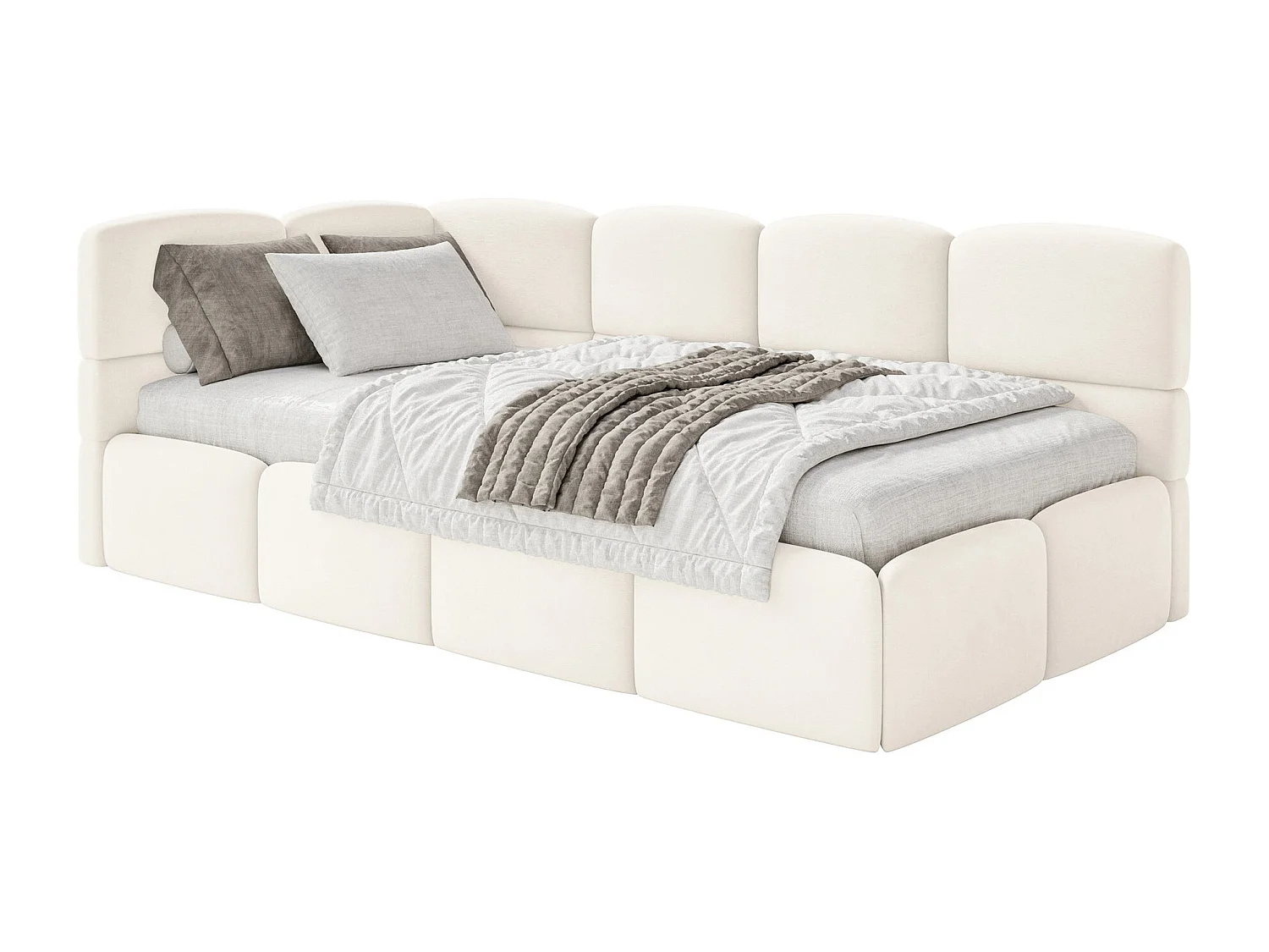 Lit ado 120x200 cm – tête de lit à gauche – matelas & coffre de rangement – velours crème – CLOUDY