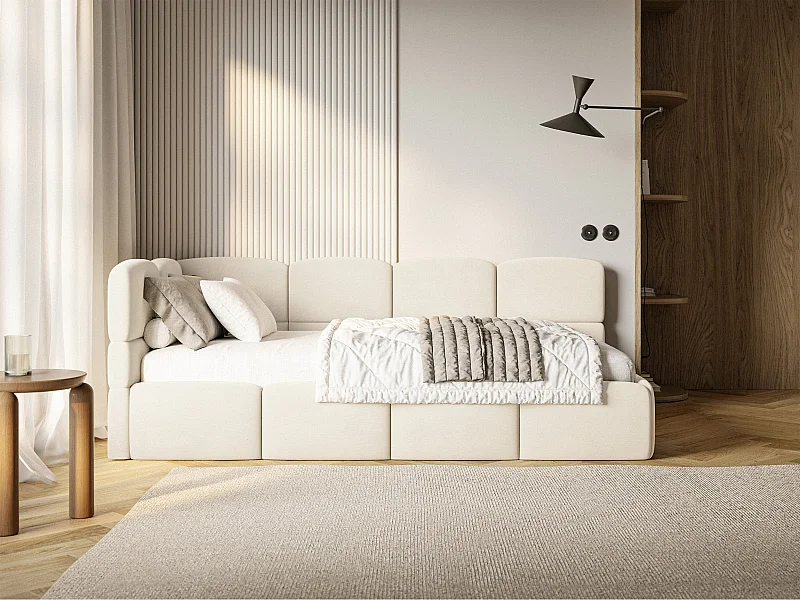 Lit ado 120x200 cm – tête de lit à gauche – matelas & coffre de rangement – velours crème – CLOUDY