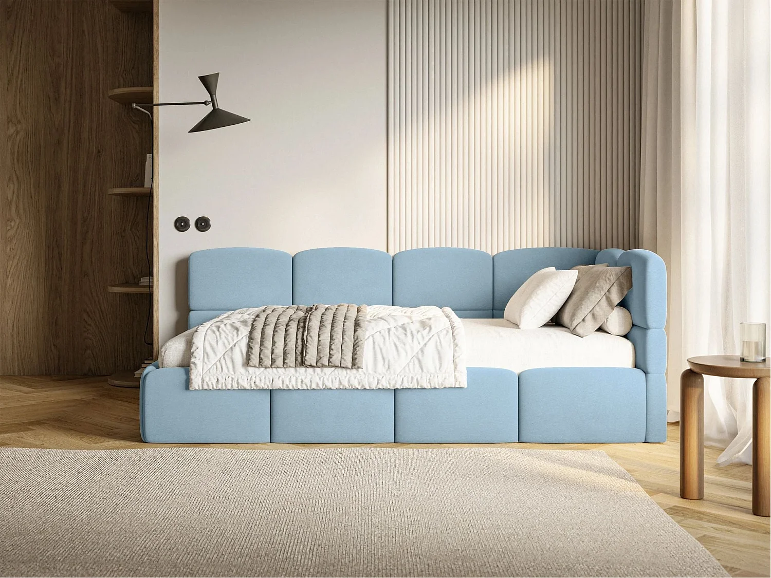 Lit ado 120x200 cm – tête de lit à droite – matelas & coffre de rangement – velours bleu clair – CLOUDY
