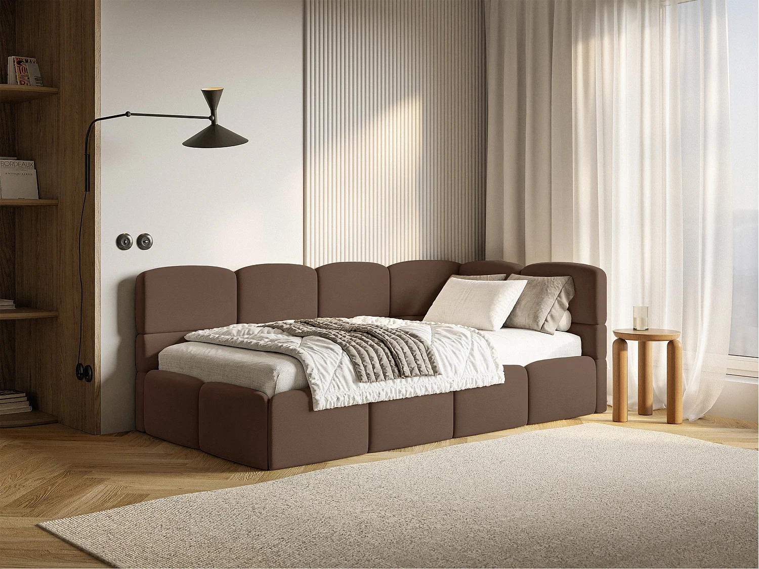 Lit ado 120x200 cm – tête de lit à droite – matelas & coffre de rangement – velours marron – CLOUDY