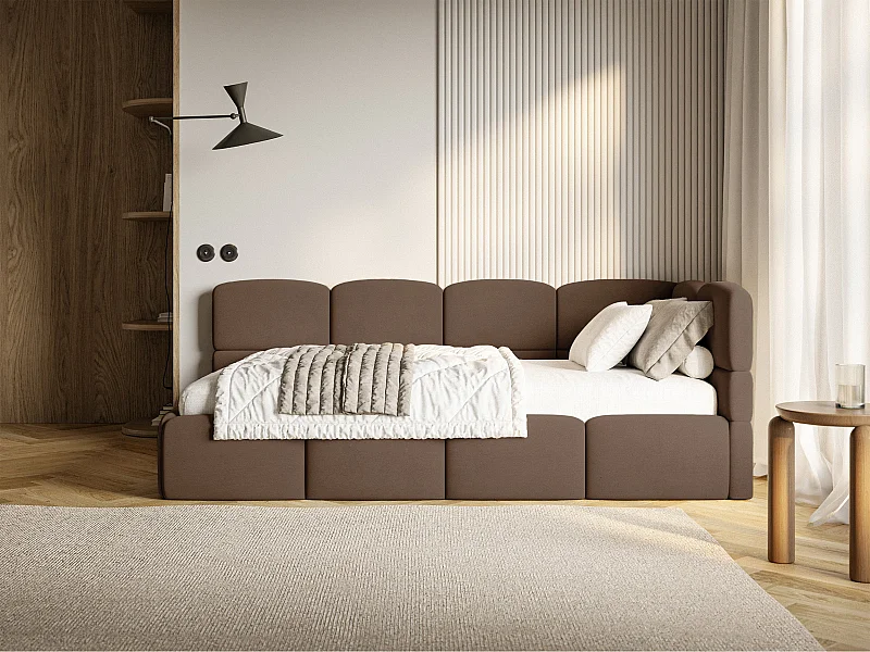 Lit ado 120x200 cm – tête de lit à droite – matelas & coffre de rangement – velours marron – CLOUDY