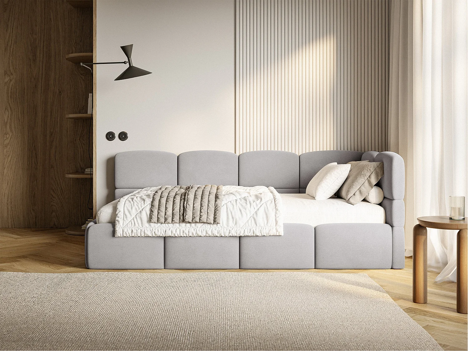 Lit ado 120x200 cm – tête de lit à droite – matelas & coffre de rangement – velours gris clair – CLOUDY