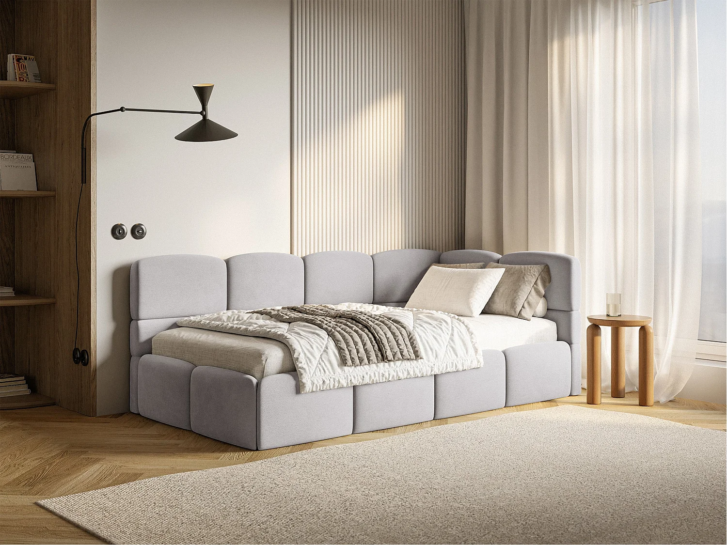 Lit ado 120x200 cm – tête de lit à droite – matelas & coffre de rangement – velours gris clair – CLOUDY