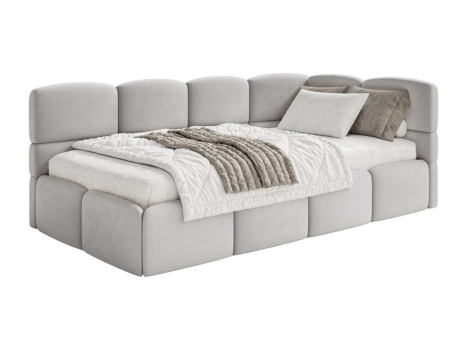Lit ado 120x200 cm – tête de lit à droite – matelas & coffre de rangement – velours gris clair – CLOUDY