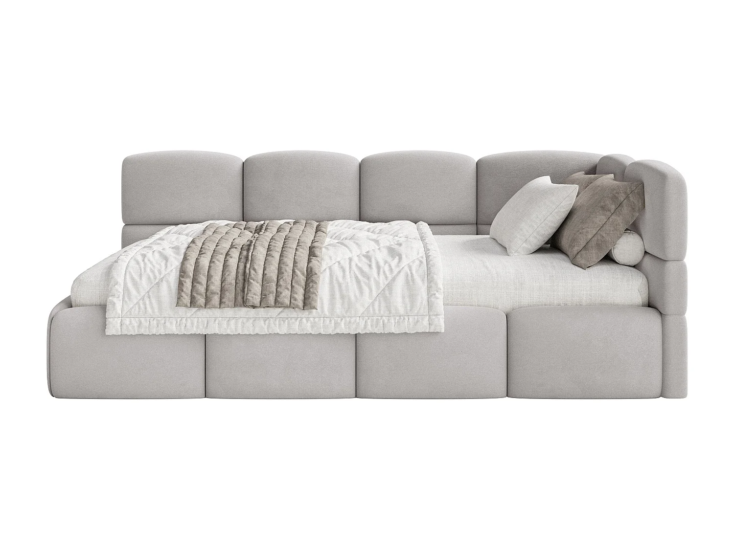 Lit ado 120x200 cm – tête de lit à droite – matelas & coffre de rangement – velours gris clair – CLOUDY