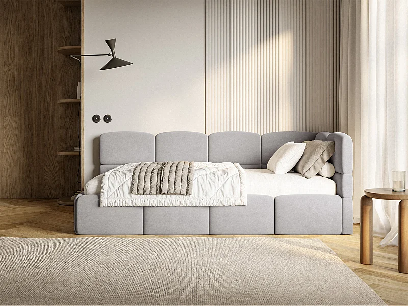 Jugendbett 120x200 Kopfteil rechts – Matratze & Stauraum – Samt Hellgrau – CLOUDY