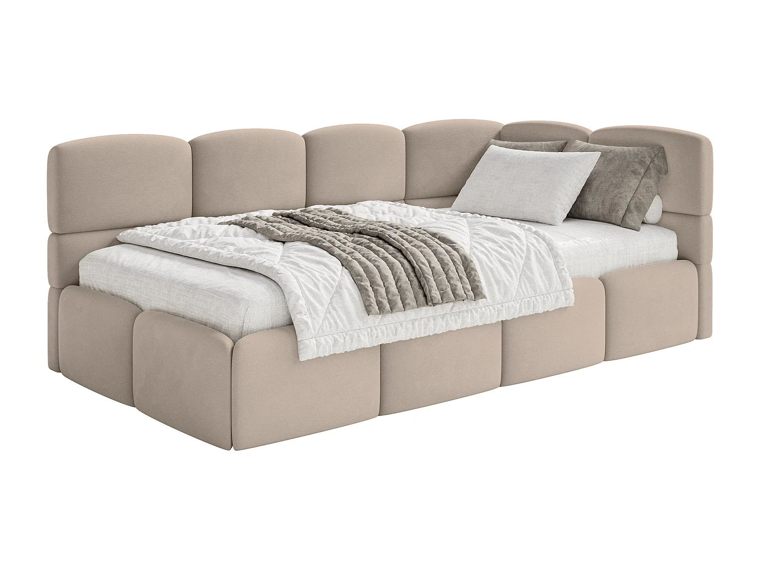 Lit ado 120x200 cm – tête de lit à droite – matelas & coffre de rangement – velours beige – CLOUDY