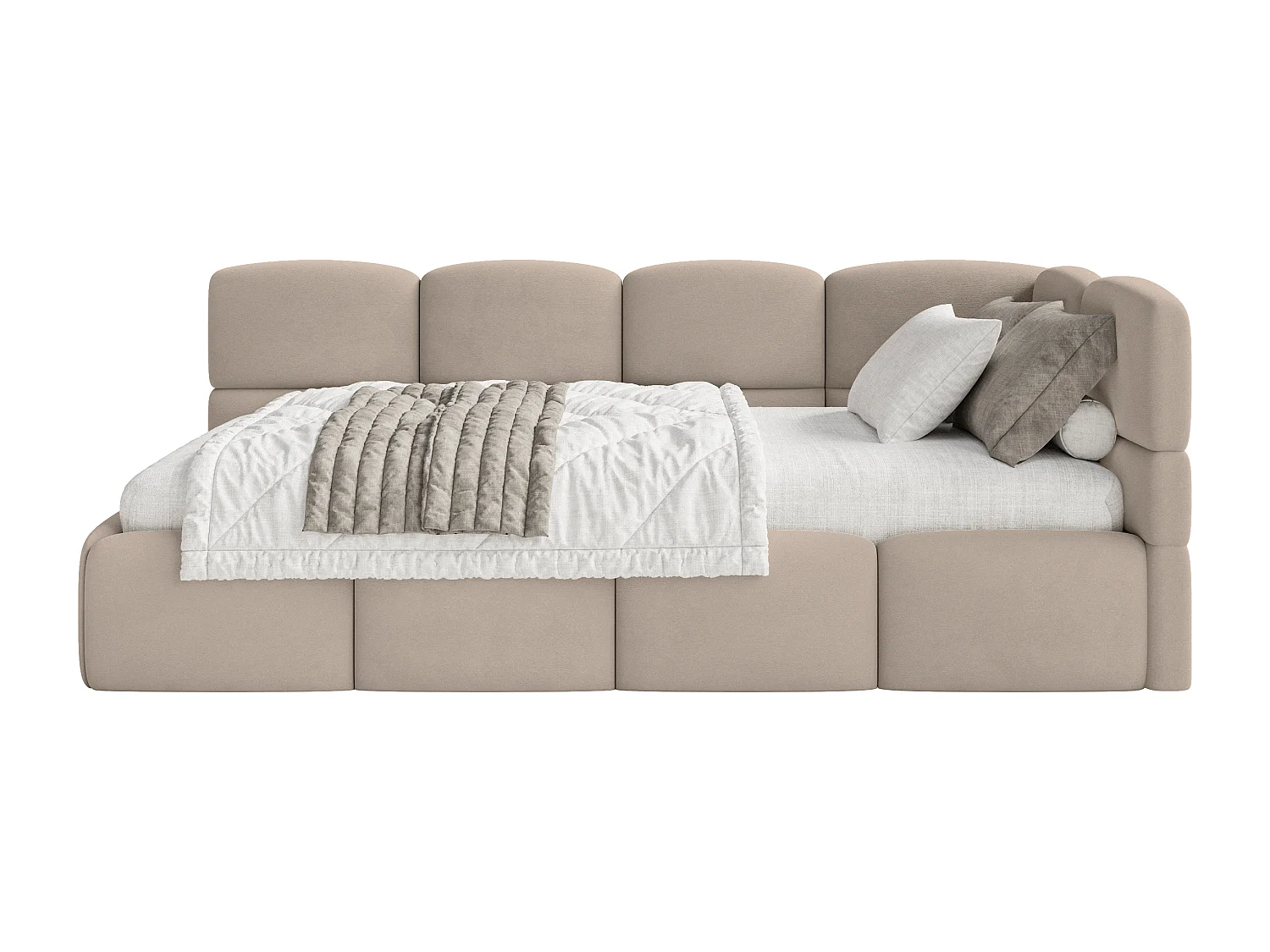 Lit ado 120x200 cm – tête de lit à droite – matelas & coffre de rangement – velours beige – CLOUDY