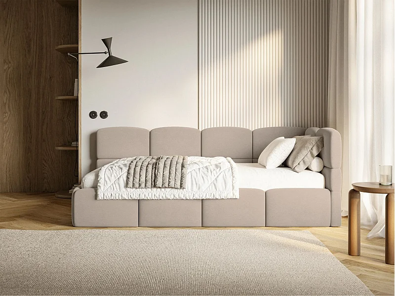 Jugendbett 120x200 Kopfteil rechts – Matratze & Stauraum – Samt Beige – CLOUDY