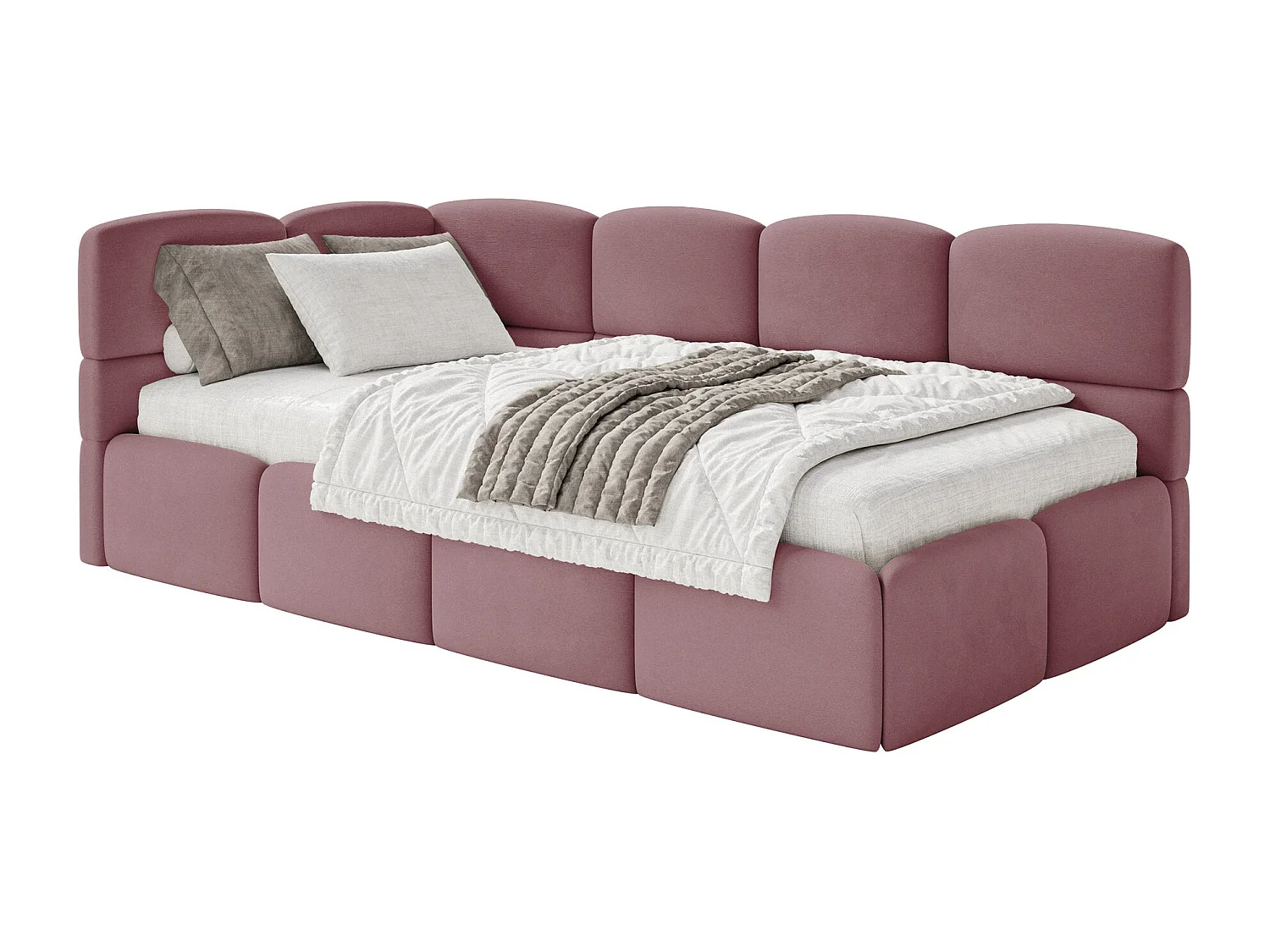 Lit ado 120x200 cm – tête de lit à gauche – matelas & coffre de rangement – velours rose – CLOUDY