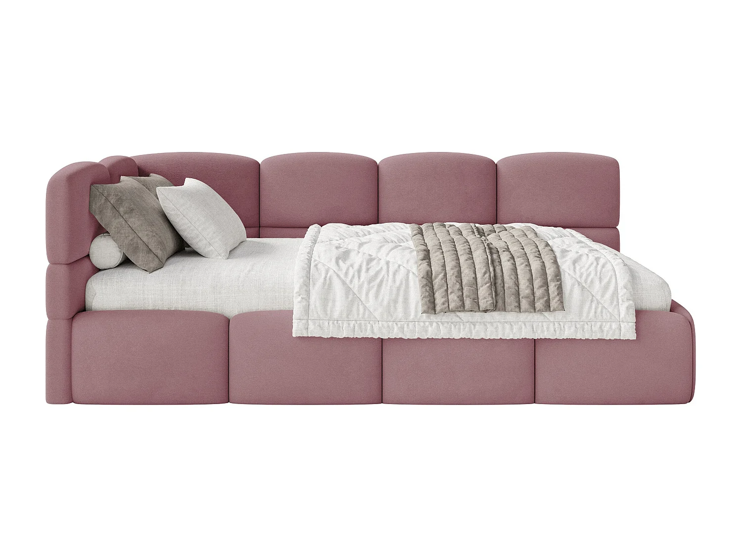 Lit ado 120x200 cm – tête de lit à gauche – matelas & coffre de rangement – velours rose – CLOUDY