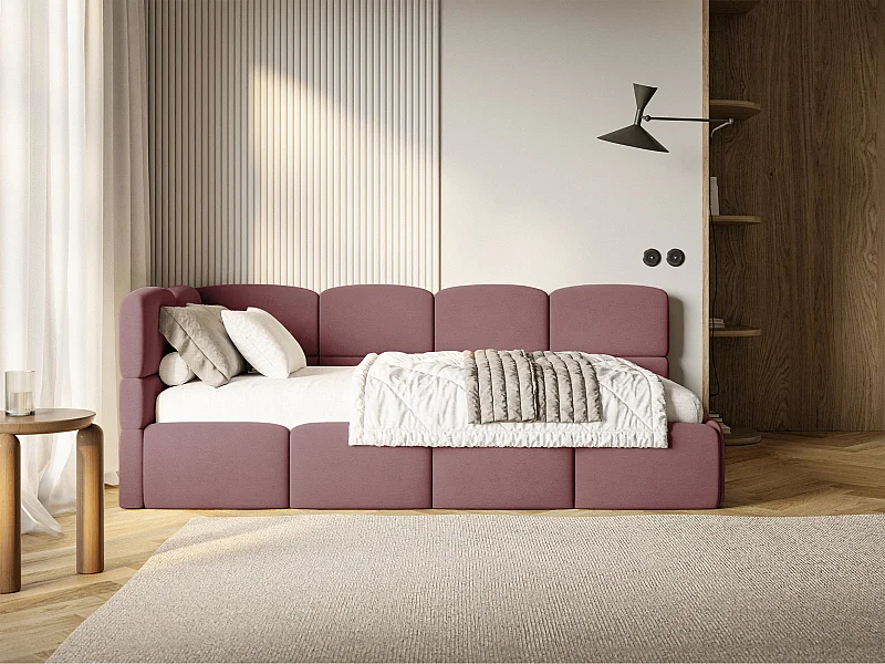 Lit ado 120x200 cm – tête de lit à gauche – matelas & coffre de rangement – velours rose – CLOUDY