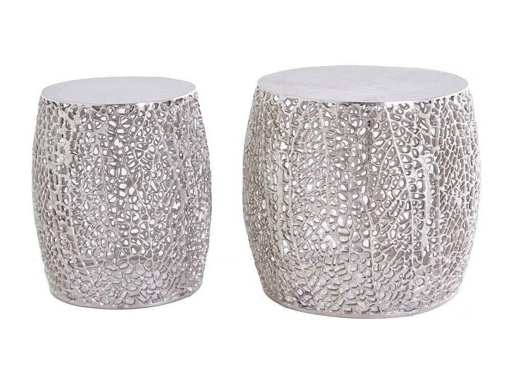Lot de 2 tables basses METRIX argentées avec petit motif arrondi – Tables basses design en aluminium mat