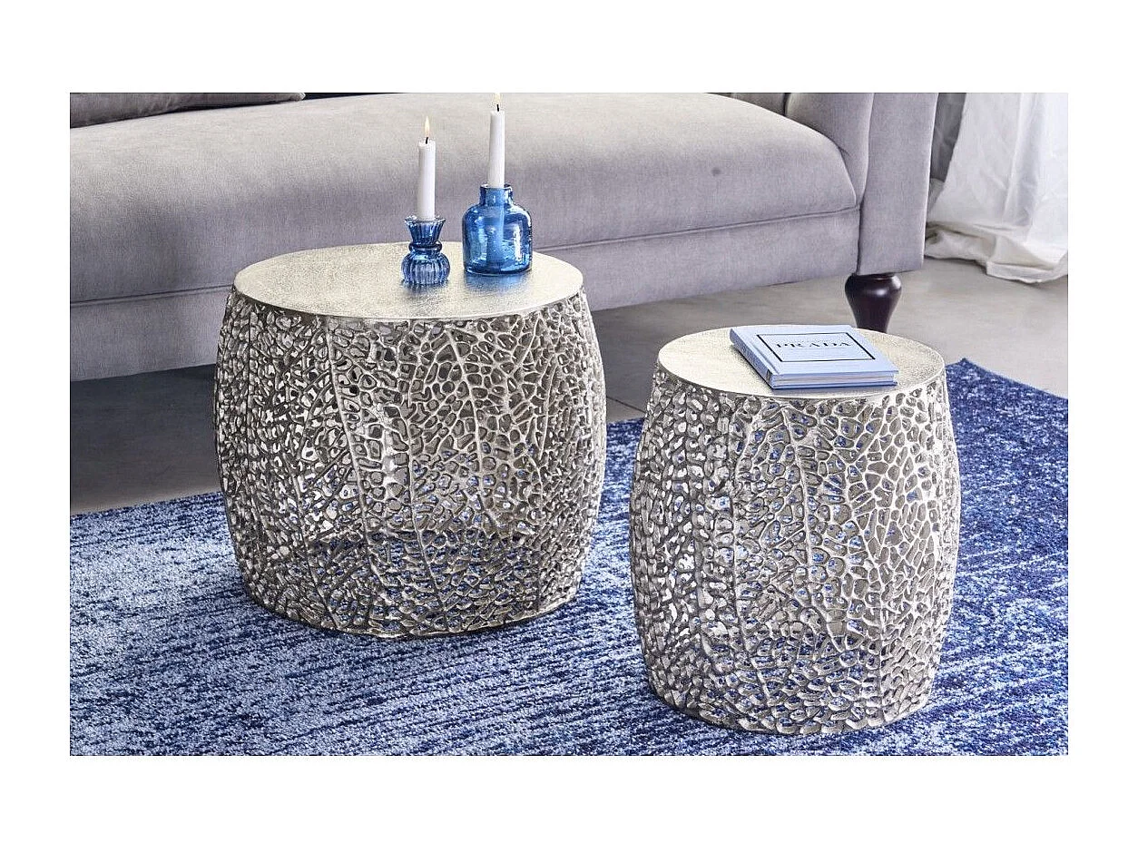 Lot de 2 tables basses METRIX argentées avec petit motif arrondi – Tables basses design en aluminium mat