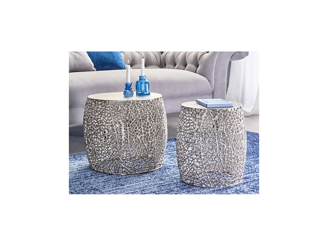 Lot de 2 tables basses METRIX argentées avec petit motif arrondi – Tables basses design en aluminium mat