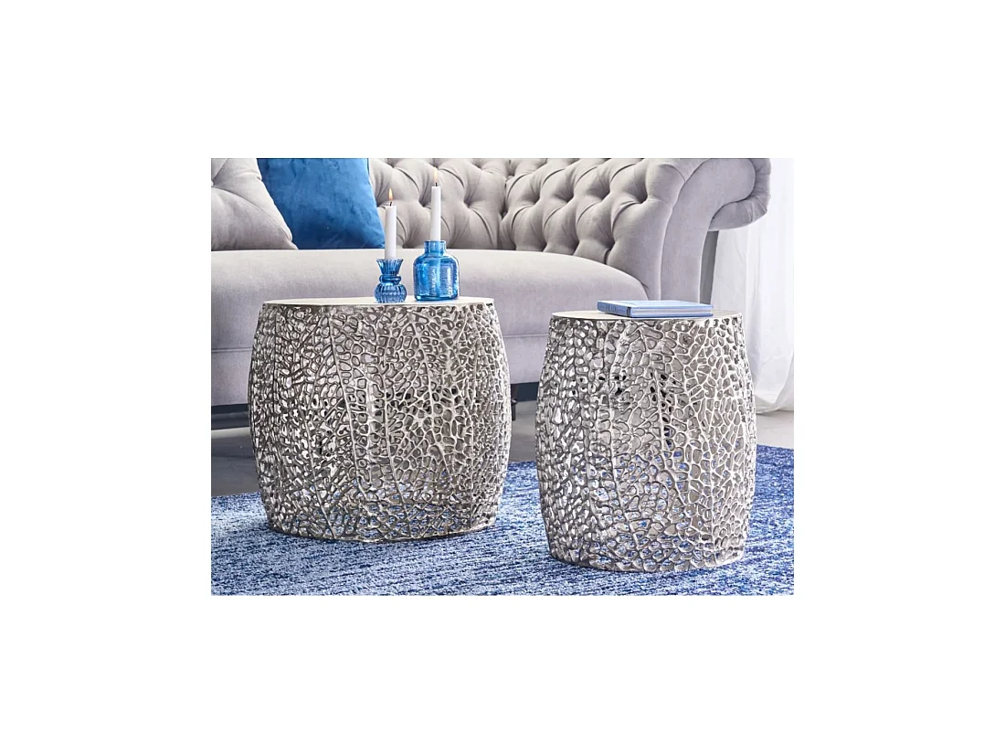 Lot de 2 tables basses METRIX argentées avec petit motif arrondi – Tables basses design en aluminium mat