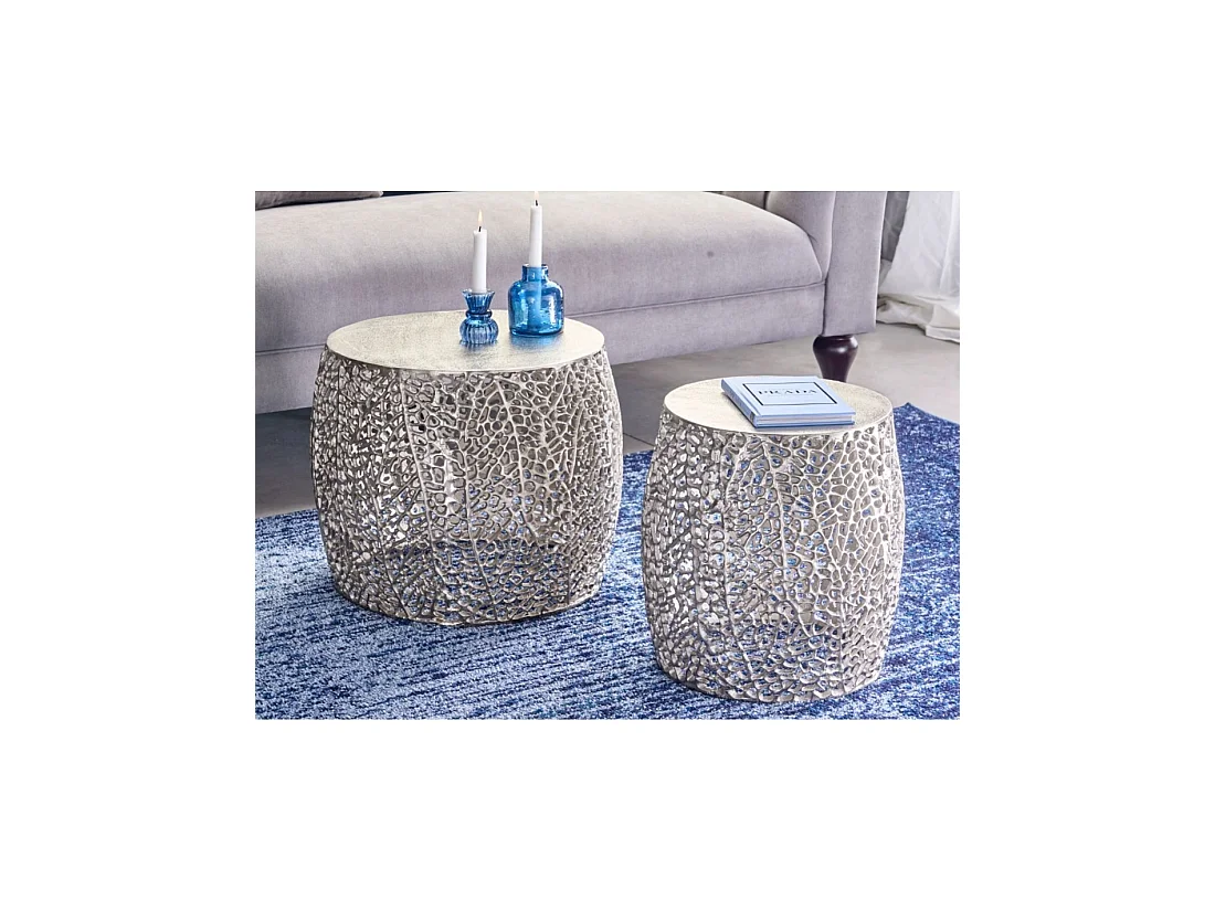 Lot de 2 tables basses METRIX argentées avec petit motif arrondi – Tables basses design en aluminium mat