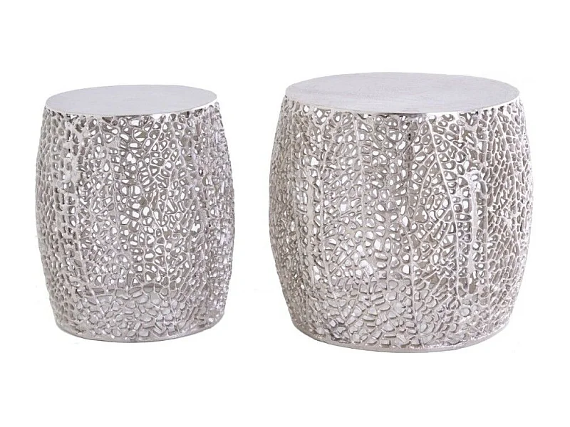 Lot de 2 tables basses METRIX argentées avec petit motif arrondi – Tables basses design en aluminium mat
